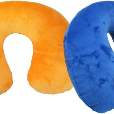 2Pack Inflatable Neck Pillow with Washable Crystal Velvet Cover Ultralight Travel Pillow for Airplane, Car, Office U-Shaped Ergonomic Support(Orange Red Royal Blue)