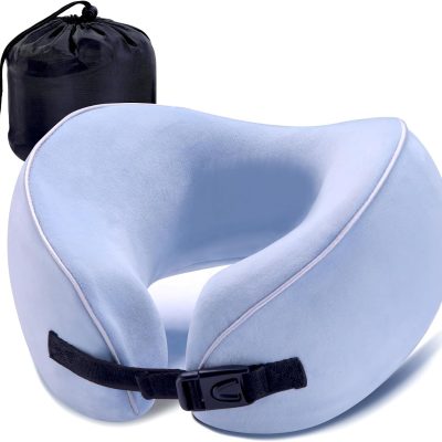 Neck Travel Pillow Airplane 100% Pure Memory Form, Enhanced Chin Support & Adjustable Buckle for Comfortable Long Flight, Neck Pillow Head Rest for Recliner, Travel Essentials Must Haves, Blue