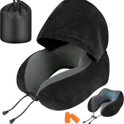 Travel Pillow, Neck Pillow for Travel with Hood for Airplane, Velvet Memory Foam Neck Pillow Adult Head & Neck Support, for Long Flights Plane, Office, Cars Sleeping & Rest (Black)