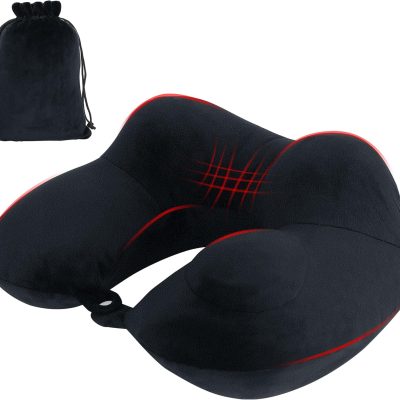 Neck Pillow, Inflatable Travel Pillow, Soft & Support Travel Essentials for Airplane/Car/Office&Home Rest Use, Comfortable & Breathable Machine Washable Cover with Storage Bag (Black)