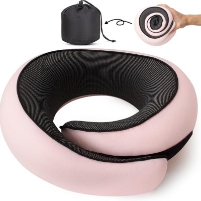 Travel Pillow, Travel Neck Pillow for Airplanes Car, 100% Pure Memory Foam Travel Pillow, Sleeping Essentials for Long Flight 360° Head Support Degree Comfort and Breathability (Pink)