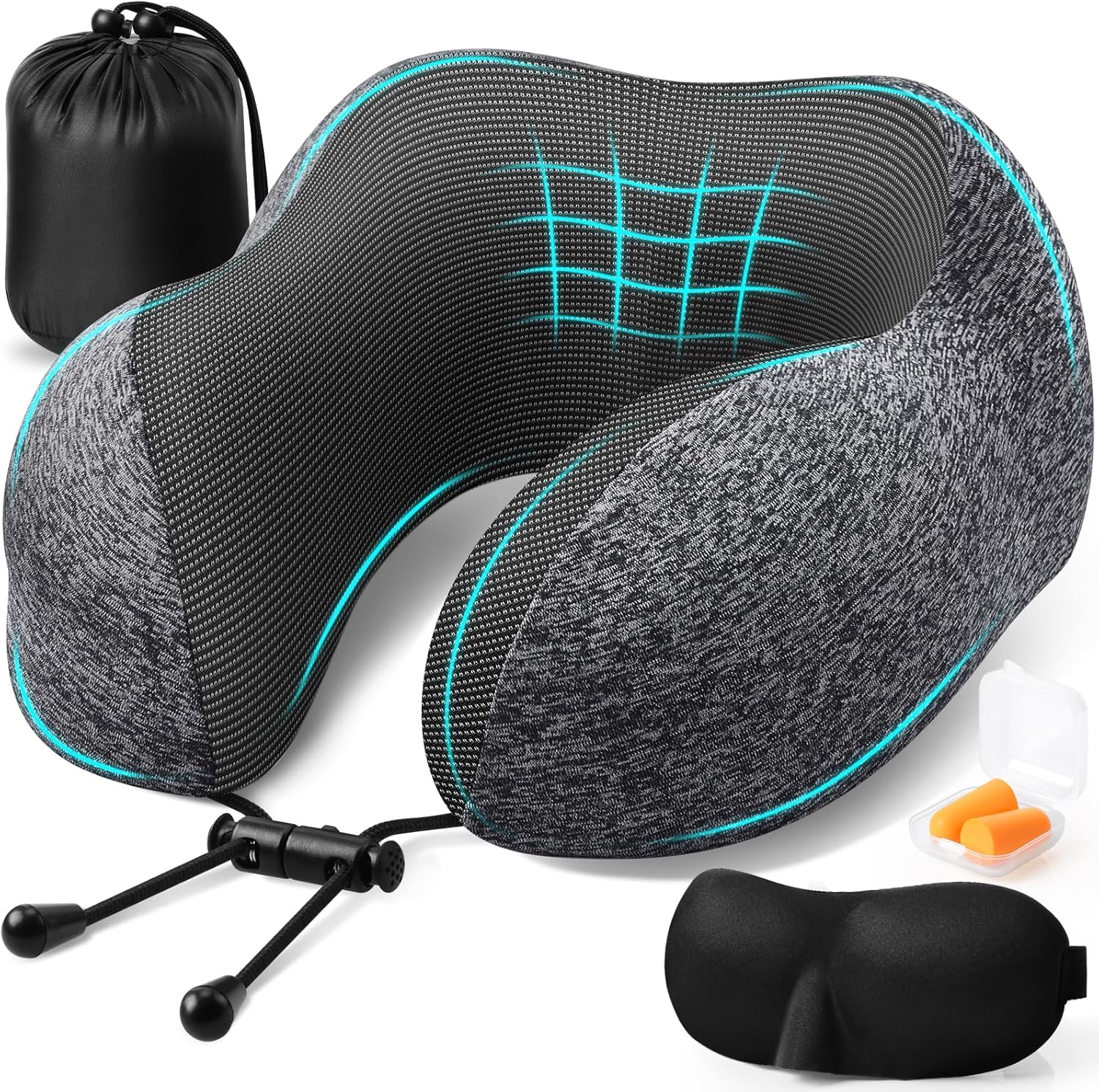 Travel Pillow, Travel Pillows for Sleeping Airplane, Removable Cover Neck Pillow with Adjustable Clasp, Memory Foam Neck Pillow Set with Eye Mask, Earplugs and Storage Bag (Dark Grey)